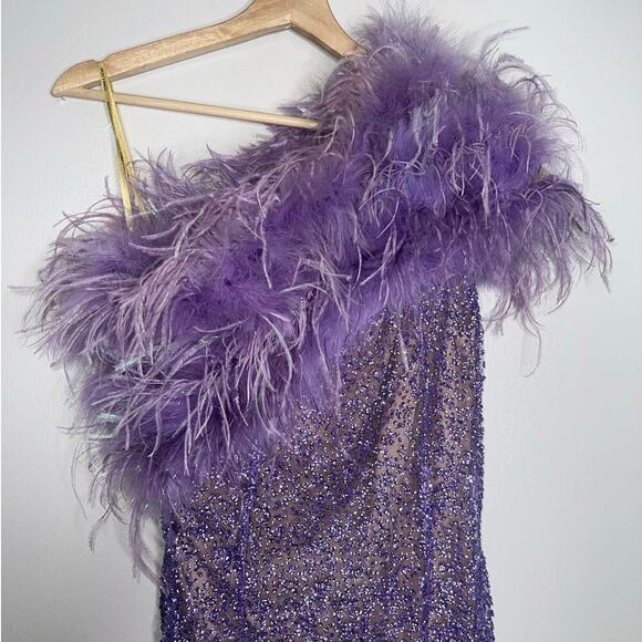 Bronx & Banco Lulu Feather Mini Dress Lilac Purple Sequin Embellished Size 6 - Picture 3 of 12